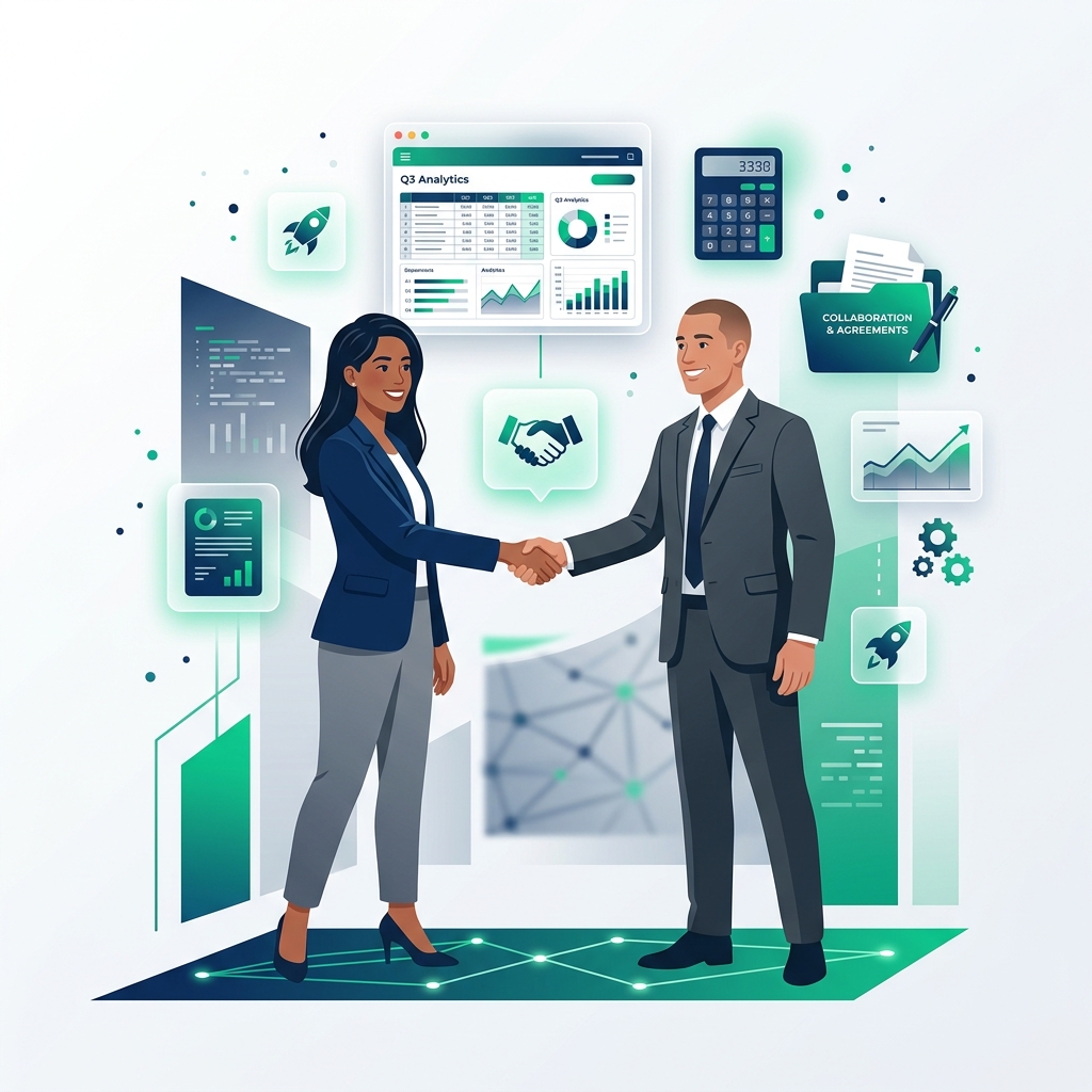 Business professionals collaborating with digital analytical tools